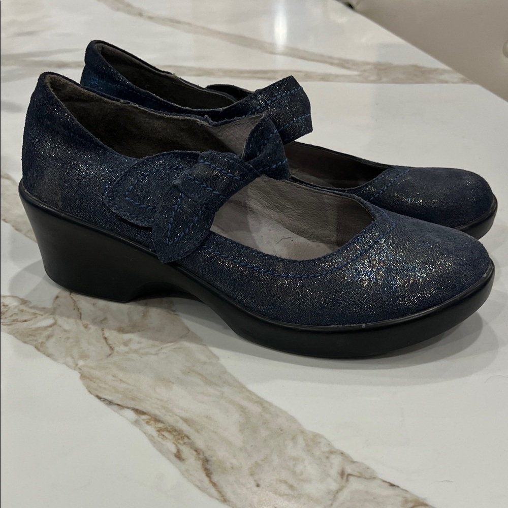 Alegria Ella Sea Essence Blue SparkleMary Jane Style Leather Wedges velcro strap